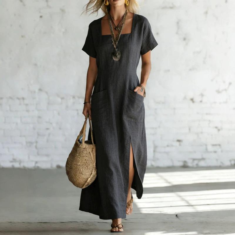 Summer New Style Solid-color Loose V-neck Short-sleeved Dress for Women, Irregular-length Dress