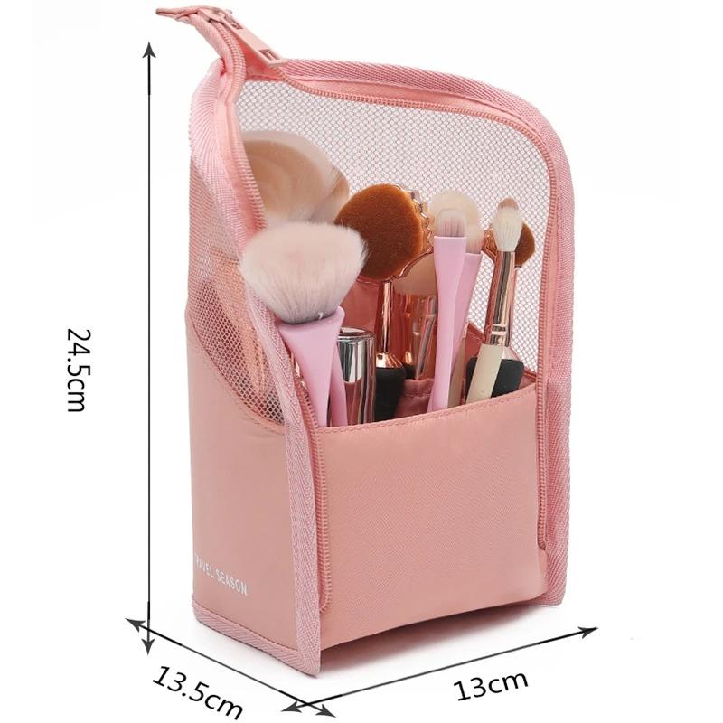 Make-up-Pinsel-Etui, Make-up-Pinselhalter, wasserdichte Reise-Kosmetiktasche, faltbarer Stand-up-Make-up-Becher mit Reißverschluss (Schwarz + Pink)