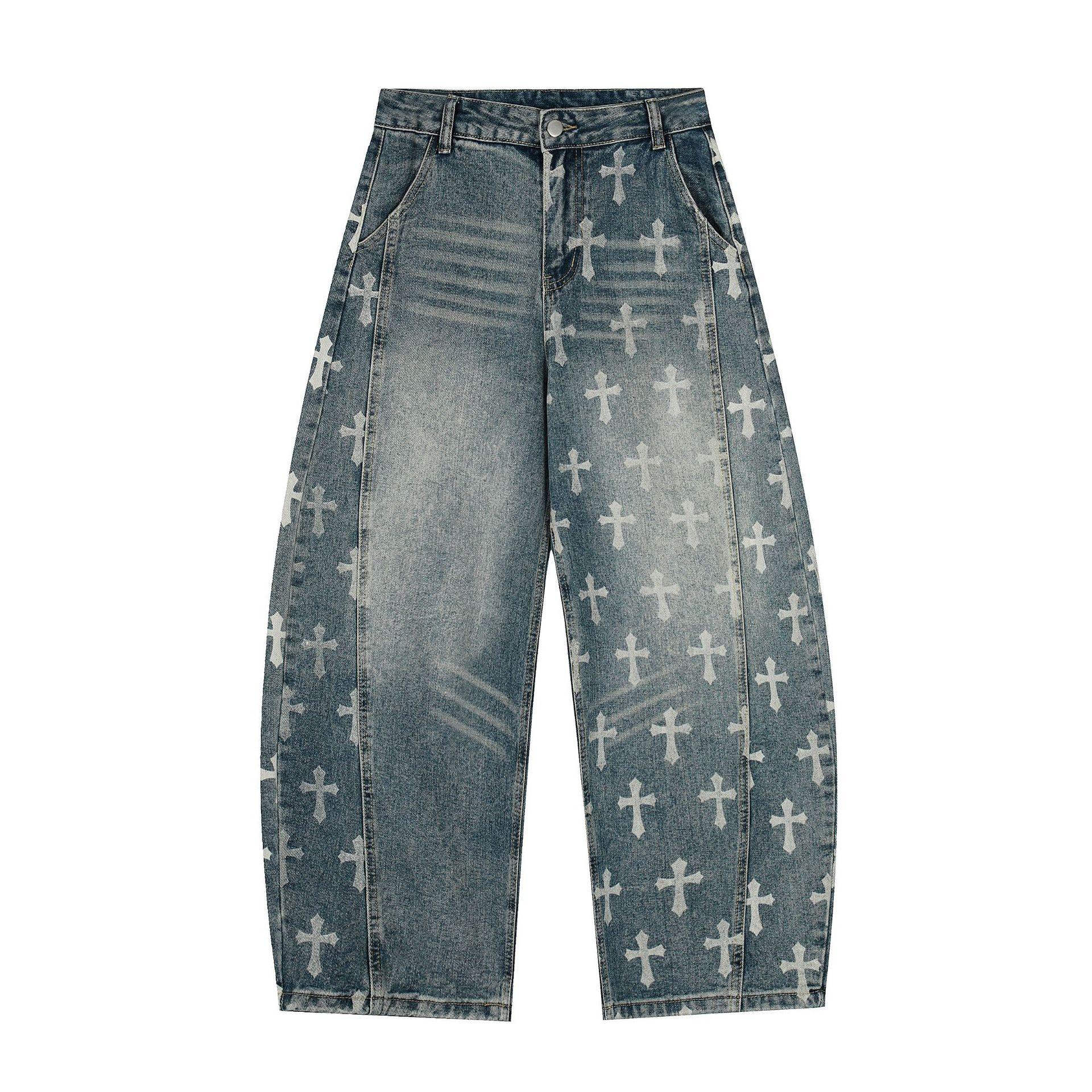 American high street RO wind cross personalized scimitar jeans loose wide-leg pants men S