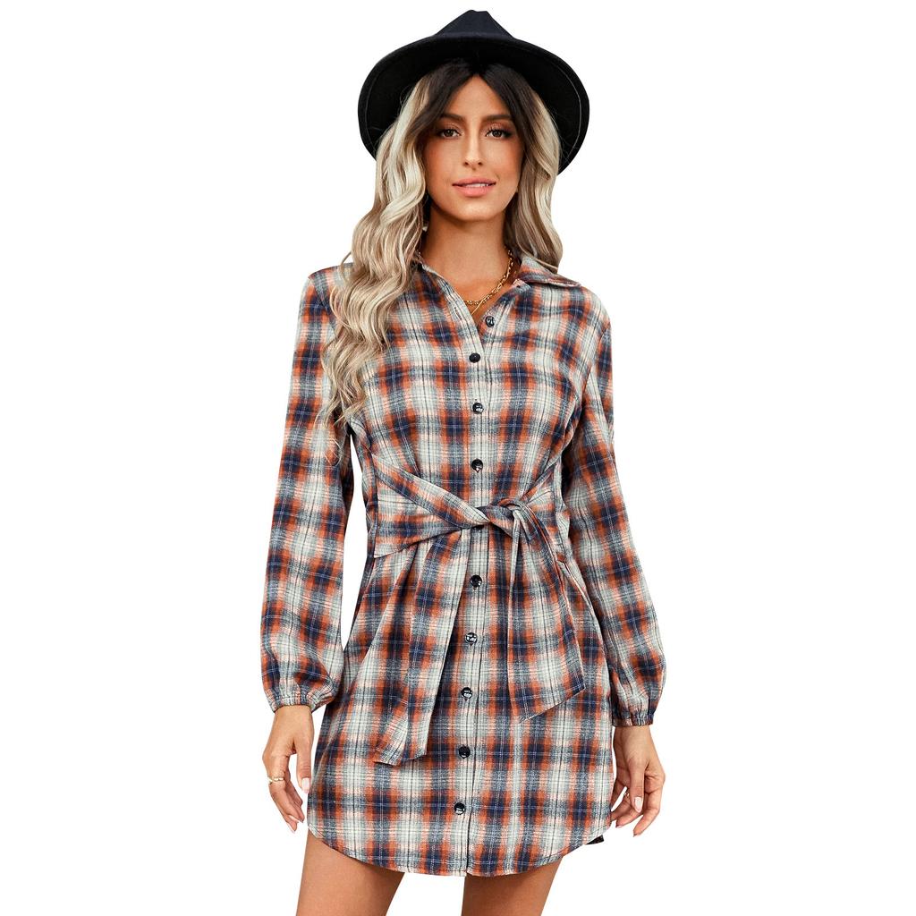 European and American women's clothing autumn new strap waist shirt skirt fashion plaid dress