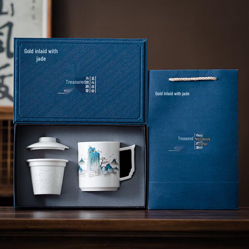 Gold-Inlaid Jade Porcelain Teacup Set with Landscape Design