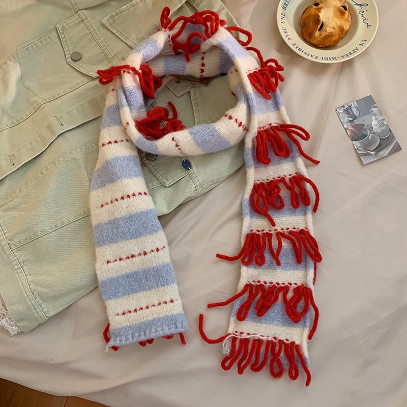 Autumn-Winter Striped Tassel Scarf with Rolled Edges - Trendy Knitwear 135-175CM белый/красный