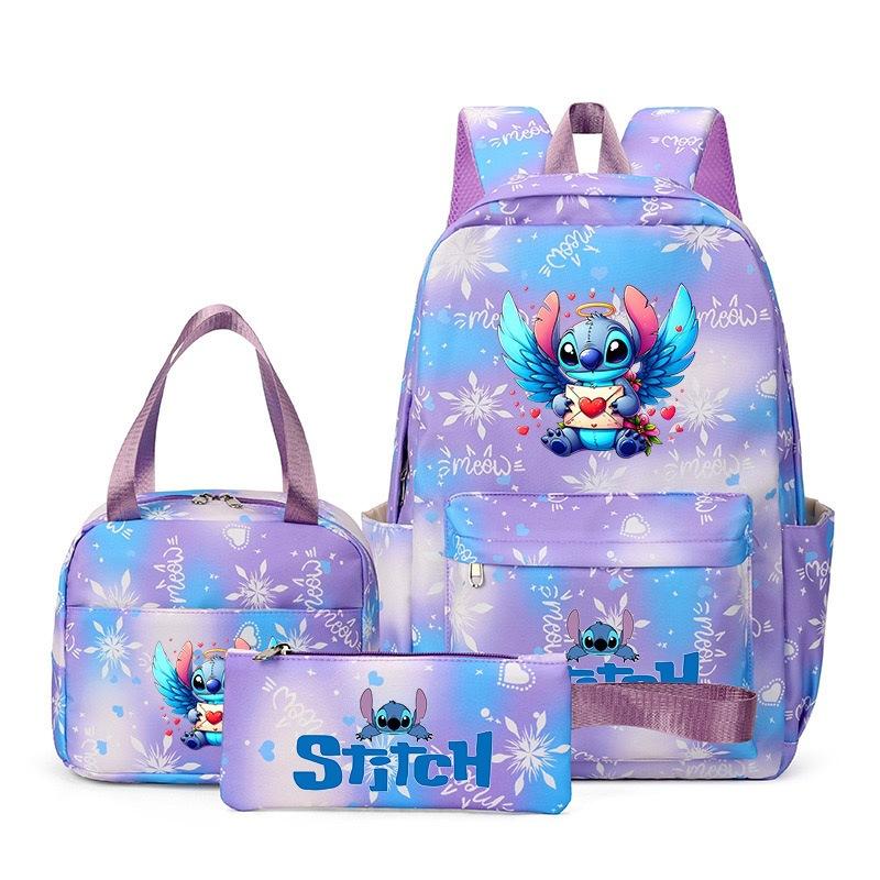 Stitch 3-teiliges Rucksack-Set für Jungen und Mädchen, Rucksack mit Campus-Cartoon-Print, Große Kapazität für Outdoor-Reisen