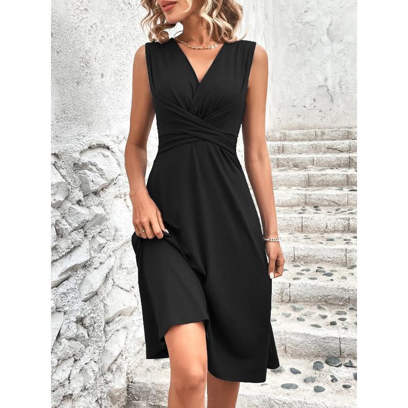 Robe d'été midi élégante pour femme, col en V, drapé à la taille, sans manches, couleur unie, décontractée, fluide, coupe évasée