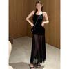 Temperament Style Black Cool Art Stitching Fake Two-piece Mesh Camisole Dress for Women