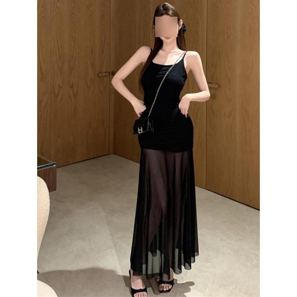 Temperament Style Black Cool Art Stitching Fake Two-piece Mesh Camisole Dress for Women