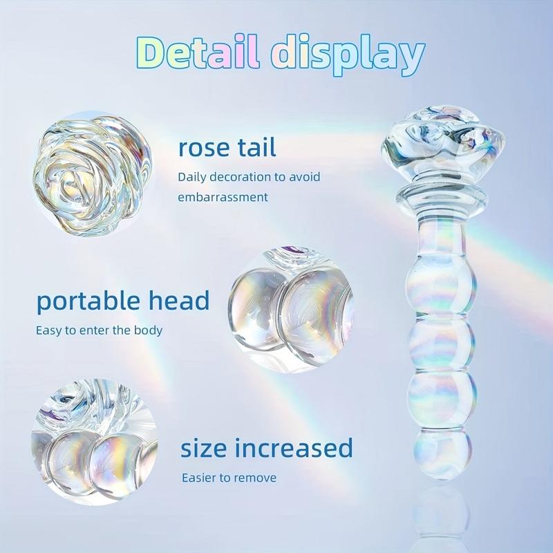 Glass Anal Beads Colorful Butt Plug Rose Round Base And 4 Gradient Beads Butt Plug Anal Expander Masturbation Sex Toy For Women