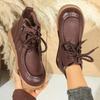 Leather Booties Round Toe Lace-Up Side Zipper Soft Sole Anti-Slip Wear-Resistant Flats for Women