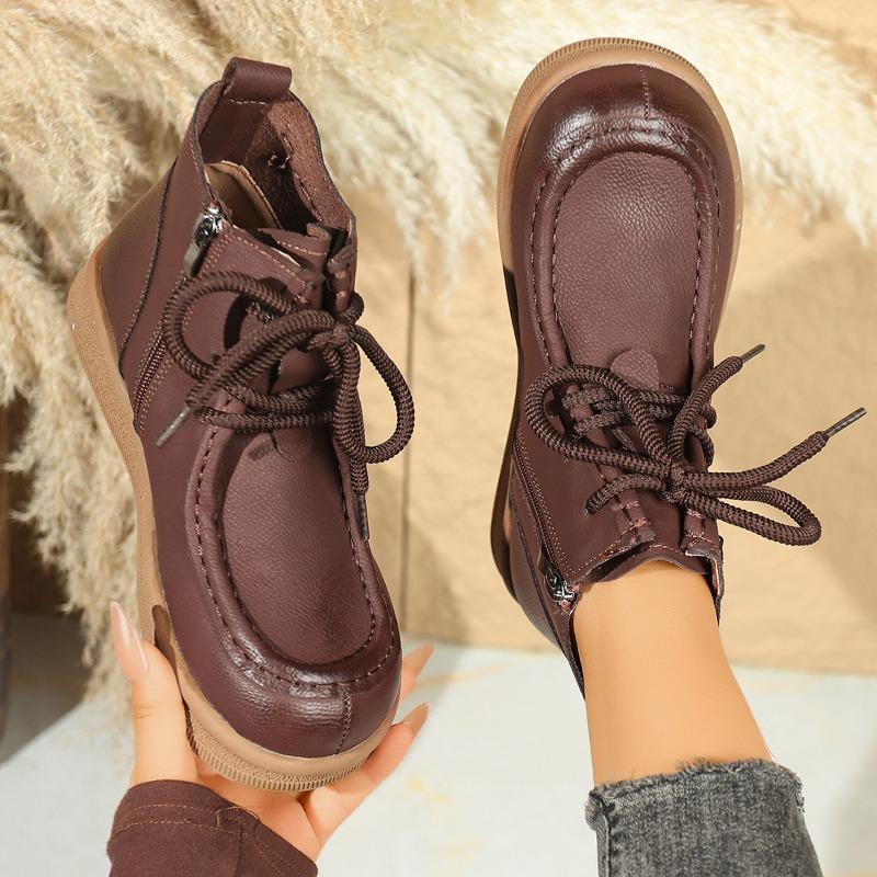 Leather Booties Round Toe Lace-Up Side Zipper Soft Sole Anti-Slip Wear-Resistant Flats for Women
