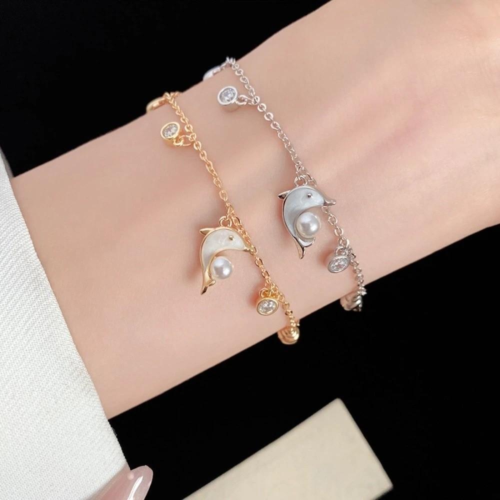 Sea Series Metal Shell Dolphin Bracelet Imitation Pearl Beach Hand Chain  Couple Gift