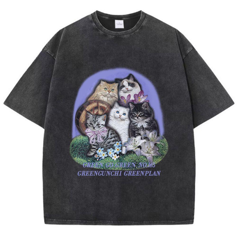 Womans Cotton Washed T-Shirts Five Different Breeds Of Cats Prints Short Sleeve O-Neck Soft Distressed Female Clothes