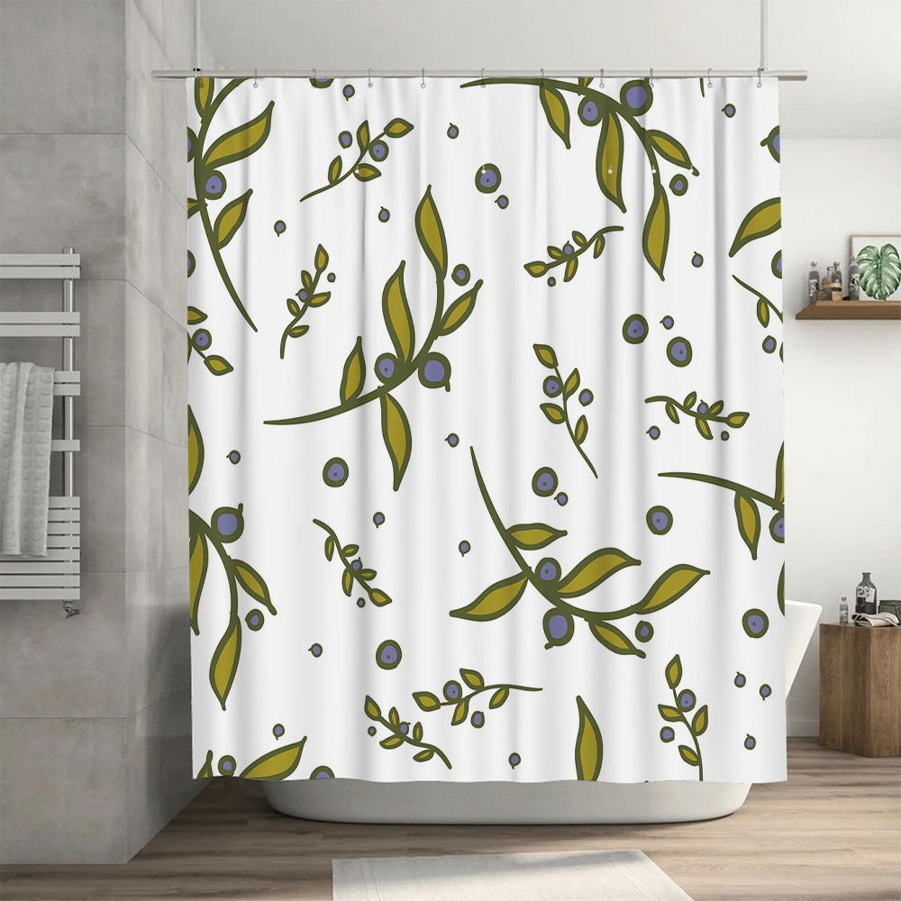 White Bath Shower Curtain with Green Olive Branches Decorative Pattern White Bathroom Accessories for Home Decoration (L) 70x180