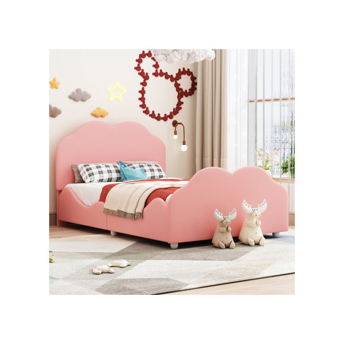 Lit enfant - MUVOE - 90 x 200 cm - Velours rose doux - Cadre en bois robuste - Design nuage