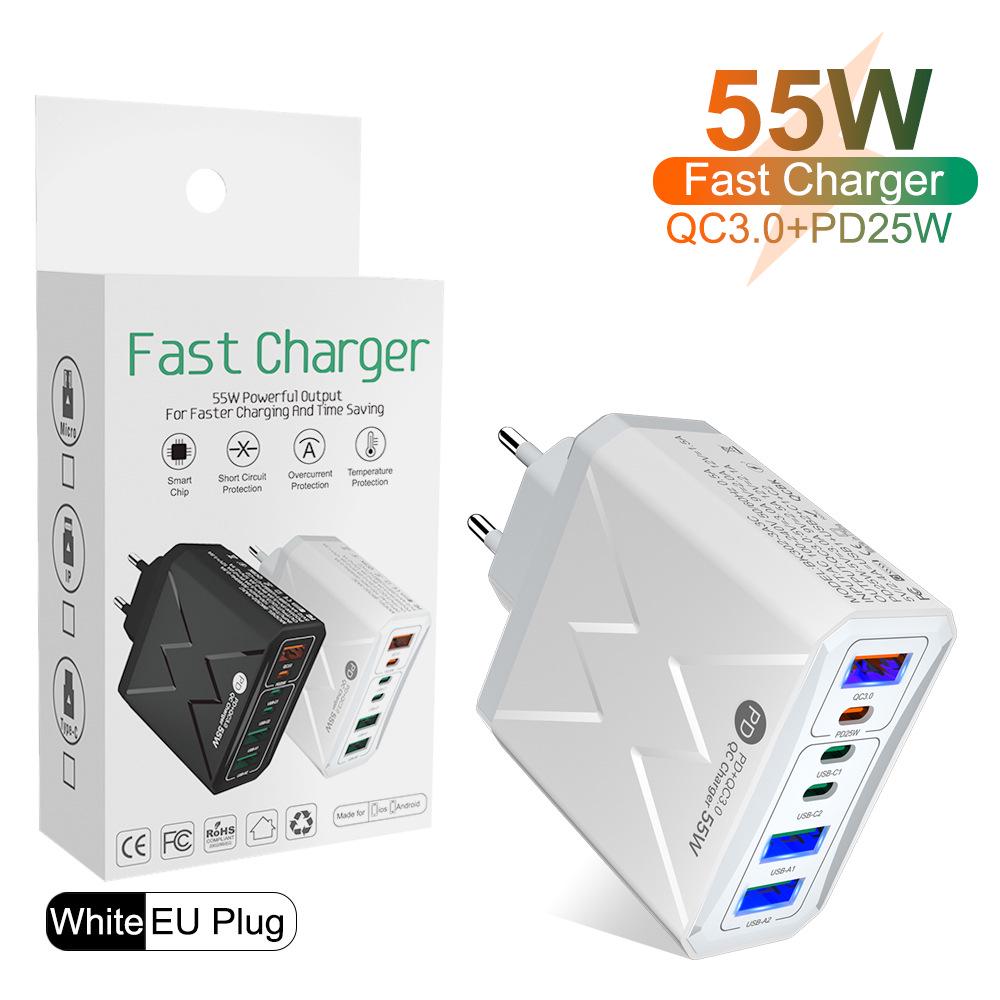 PD 25W 6-Port Fast Charger: 3 USB, 3 PD 55W with QC3.0 – EU, UK, AU Plugs
