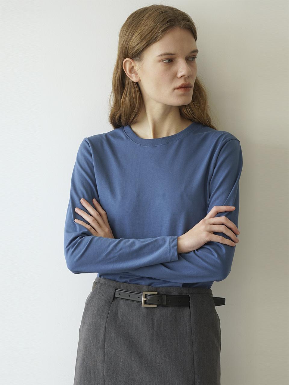 Raye Mary Round Neck Silk Cotton Long Sleeve T-Shirt Blue