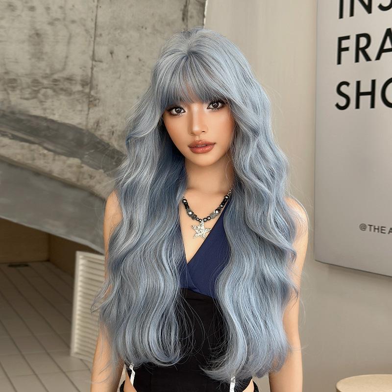 

Women’s Long Curly Wig with Blunt Bangs Glacier Blue Big Waves Full Synthetic Wig синій