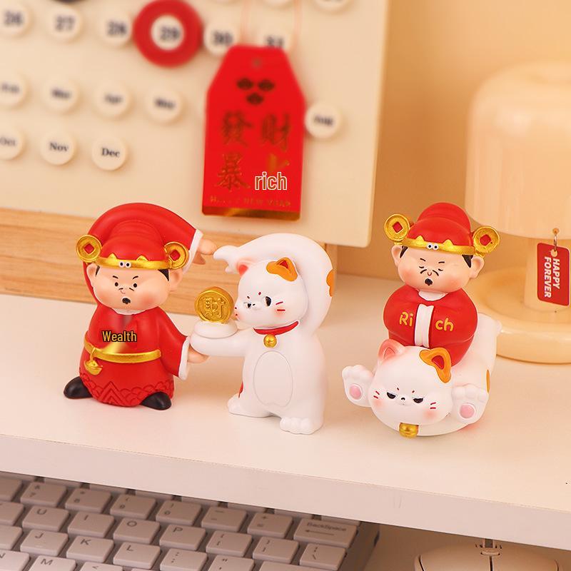 Fortune-Attracting Lucky Cat and God of Wealth Ornaments for Festive Home Décor