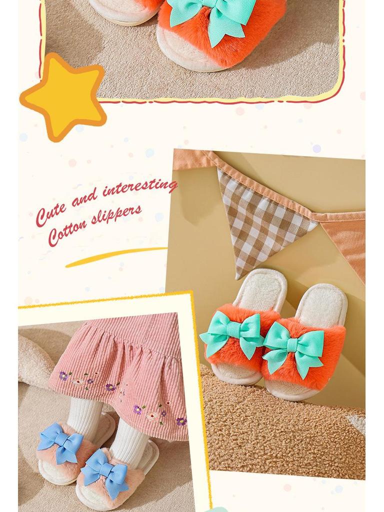 Girls' Winter Warm Plush Swallowtail Bow Cotton Slippers - Soft Sole, Non-slip, Plus Velvet, 2025 Edition