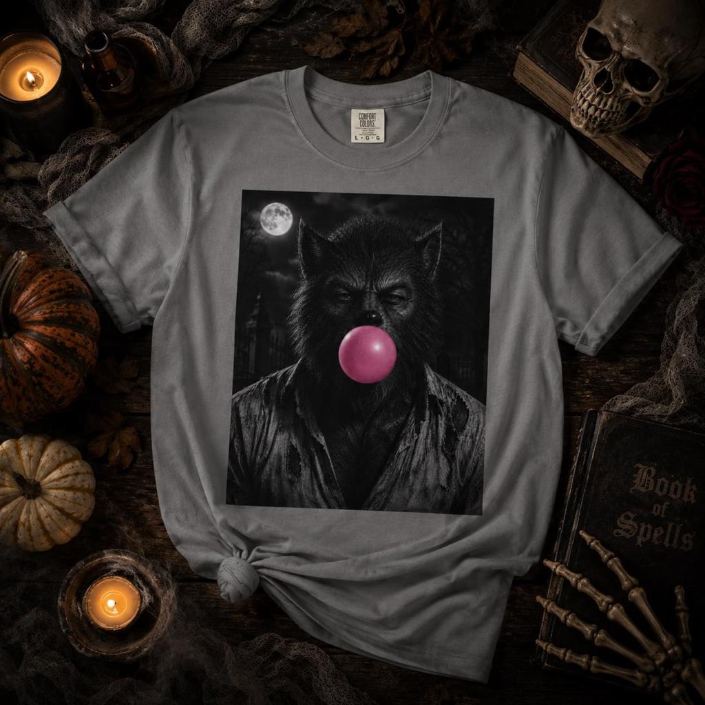 Werewolf Blowing Bubblegum T-Shirt | Moonlit Wolf Portrait