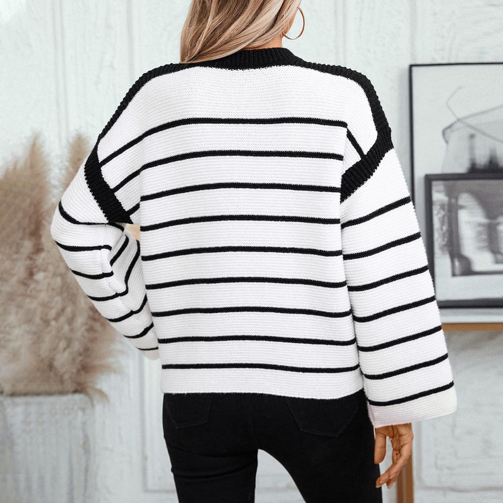 Autumn Winter Black White Stripe O-neck Pullover Sweater for Women's Outerwear Casual Oversized Lazy Style Knitted Sweaters Tops