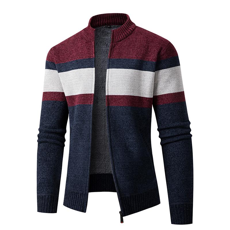 

2024 Осень Зима Трикотаж Мужской Плотный Полосатый Свитер Мужской Свитшот Утолщенный Трикотажный Кардиган Для Сохранения Теплоты XXL вино красного