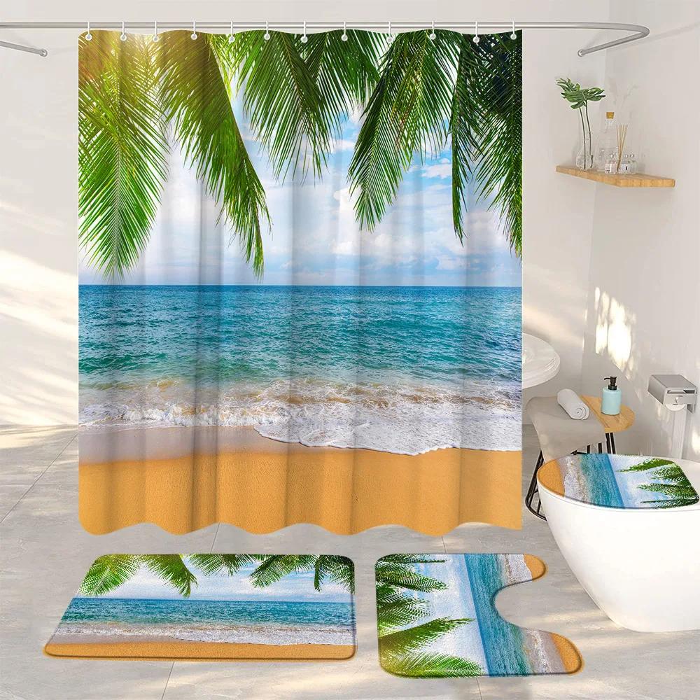 Ocean Beach Shower Curtains And Rugs For Seaside Tropical Landscapes Coconut Trees Cars Hanging Curtains Bath Pad Bathroom Decor