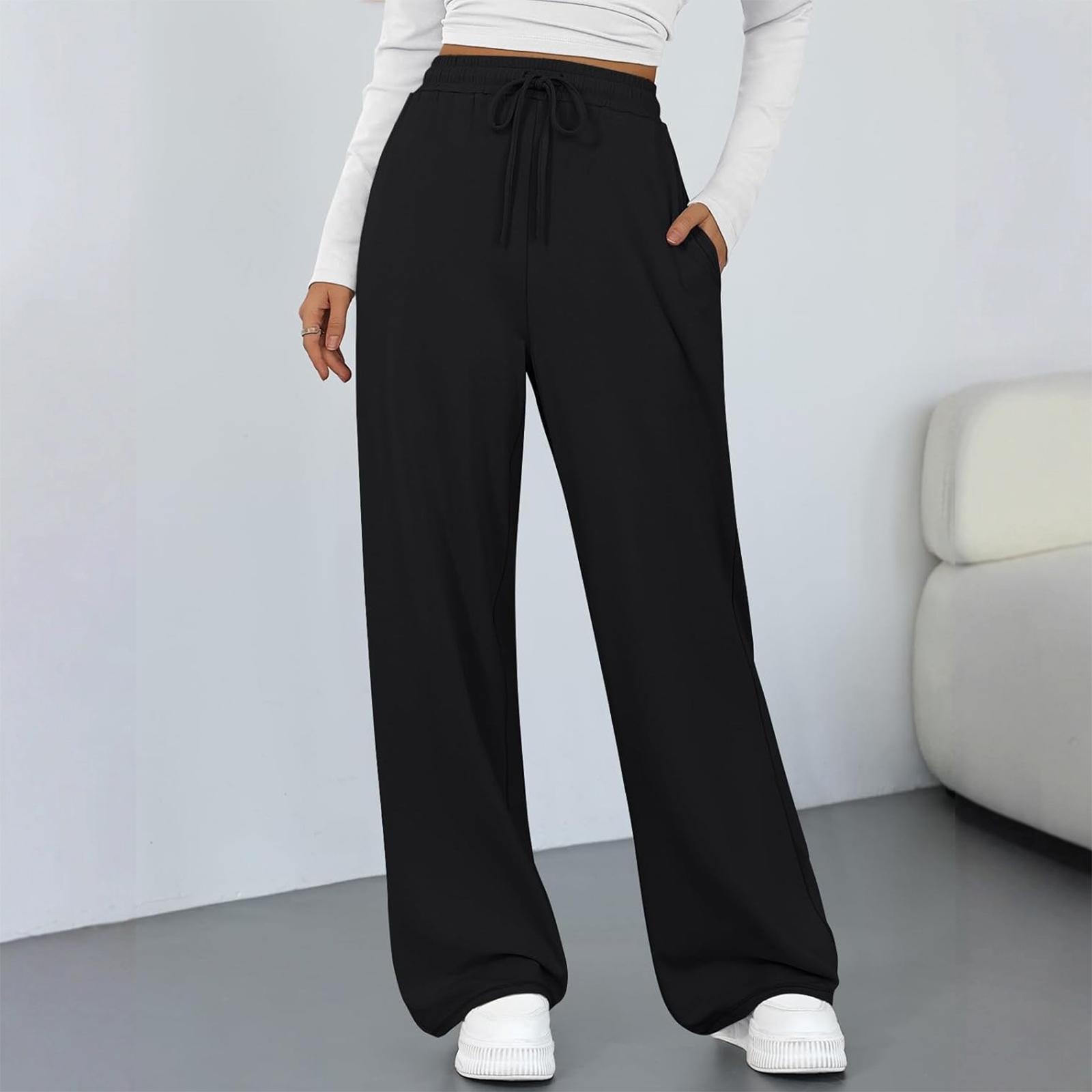 

Women s Fashionable Solid Color Pants With Wide Legs, High Waist, Loose Drawstring Pockets, Casual Pants XXL чорний