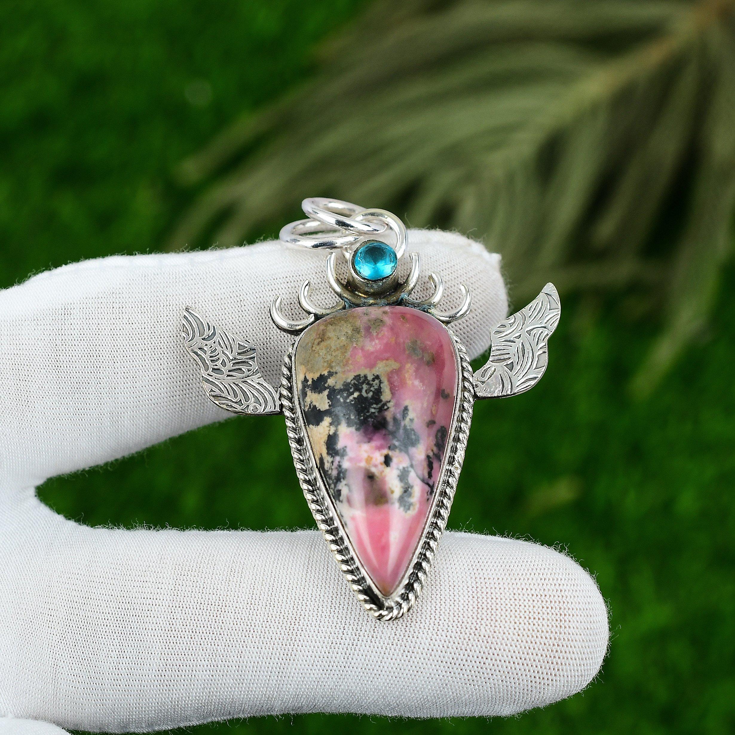 Daughters Day Deal Sterling Silver Natural Rhodonite Topaz Bezel Pendant Jewelry