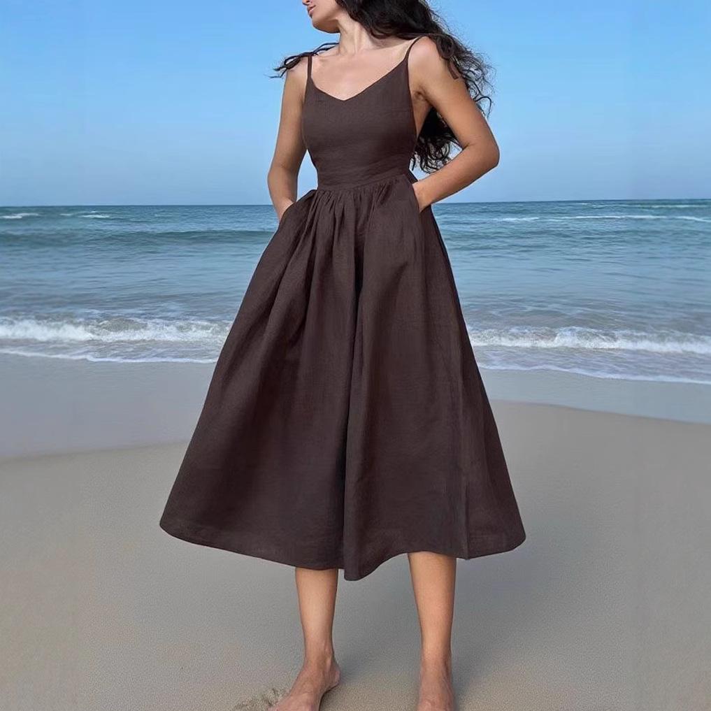 Abito Elegante Francese da Donna Europeo 2025 con Scollo a V sulla Schiena e Spalline Sottili a Vita Alta