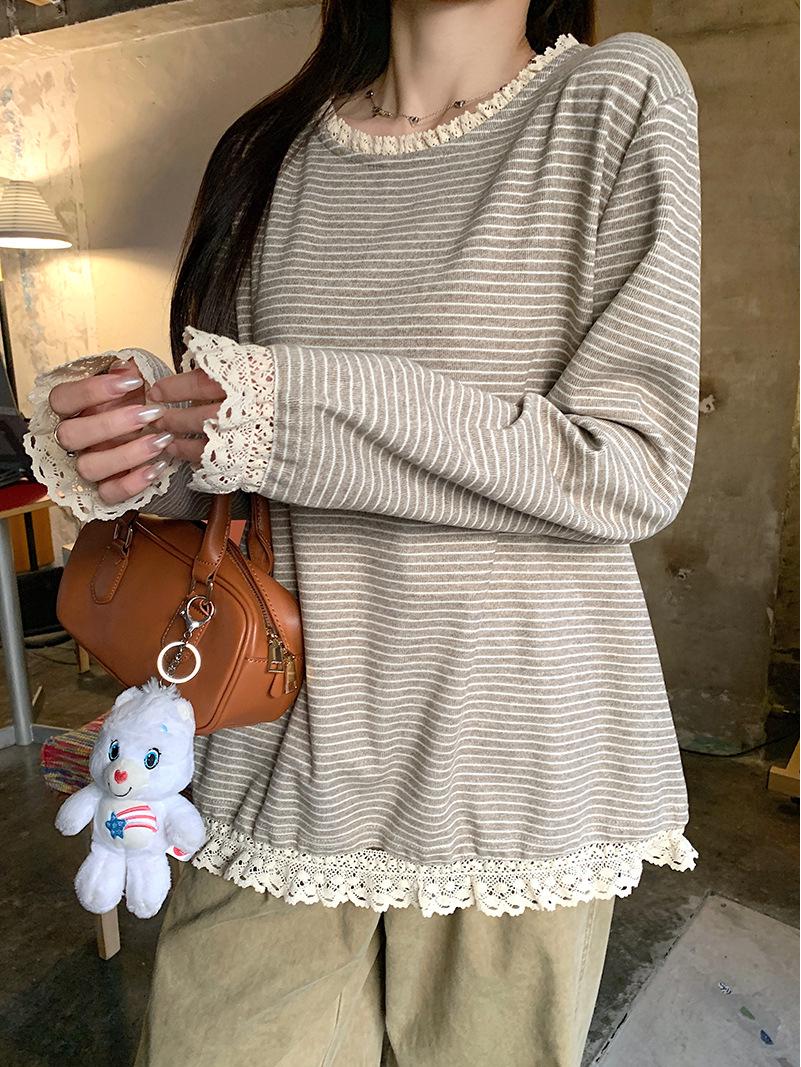 Korean Lace-Trim Striped Long Sleeve Women s Top - Spring 2026 Trendy Loose Fit Large