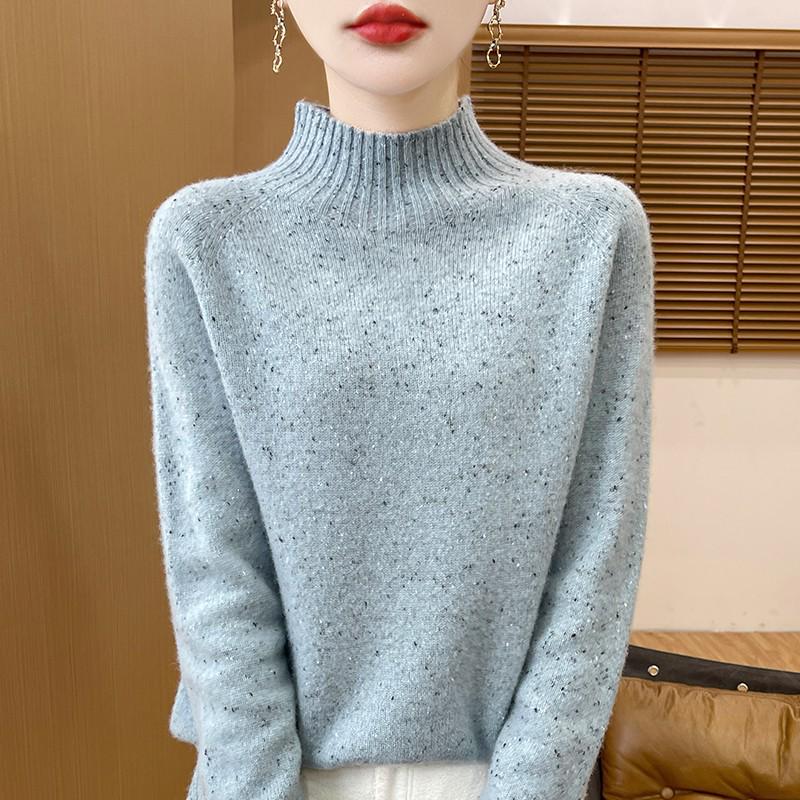 Women's Polka Dot Wool Sweater - Thick, Loose-Fit, Half-High Collar for Autumn and Winter Elegance