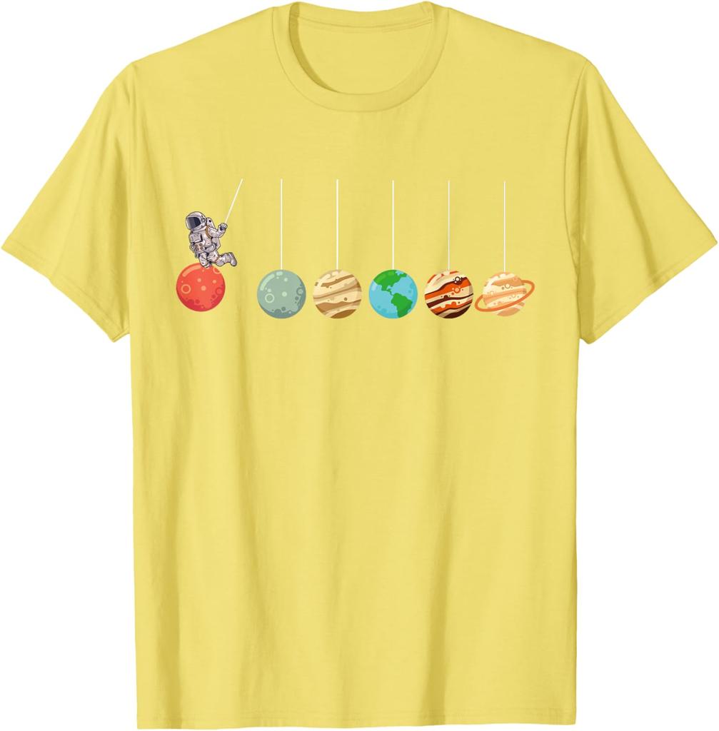 Solar System Pendulum Astronaut Graphic Tee Funny Science Enthusiasts Casual Short Sleeve T-Shirt