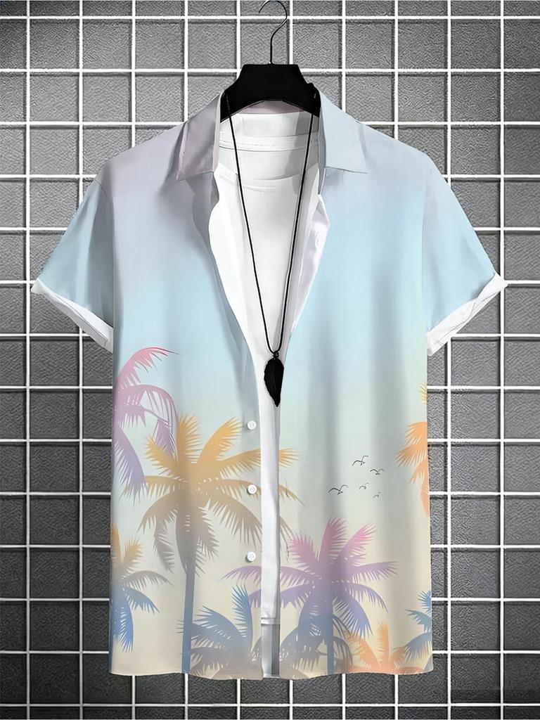 Men's Vibrant Beach Print Shirt Lightweight Summer Vacation Casual Top with Collar