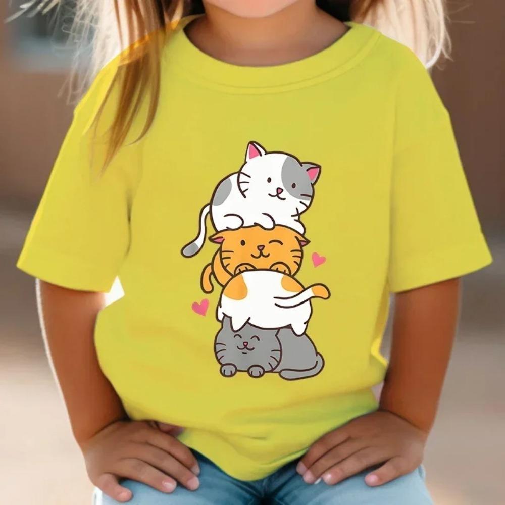 Top Cute Cat Graphic 3-12 Year Kids Tshirts Summer Short Sleeve Tees Cartoon Animal Boys Girls Clothes  Y2K  T-shirt