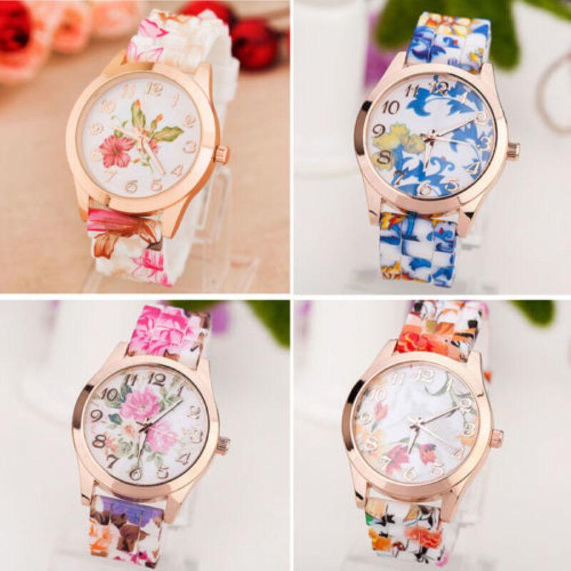 Womens Watch Fashion Silicone Printed Flower Causal Quartz Analog Watches Wrist
