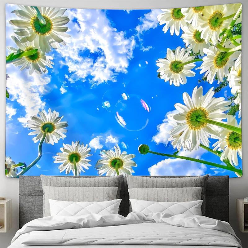 White Daisy with Blue Sky and White Clouds Background Hanging Cloth Decorative Wall Hanging Tapestry 100X70CM