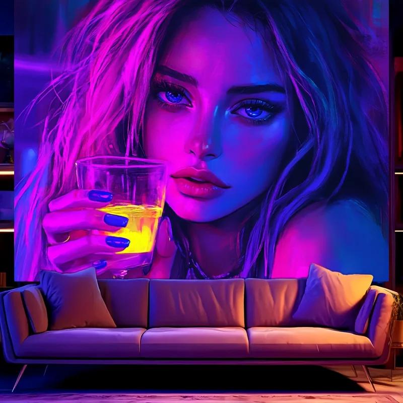 1pc Vibrant Neon Drinking Girl Tapestry UV Blacklight Reactive Perfect for Living Room Bedroom Office Decor