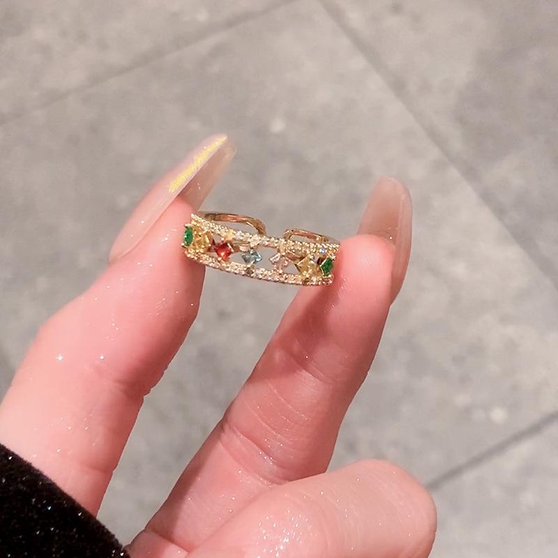 High-End Retro Rainbow Gemstone Zircon Open Ring - Women's Pinky Diamond Ring