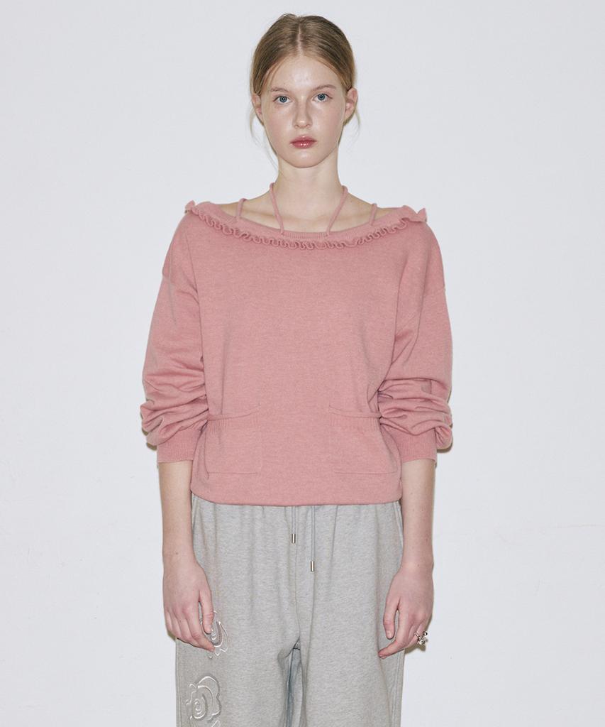 SINOON Ruffle Lace-Up Boatneck Knit (Dusty Pink)