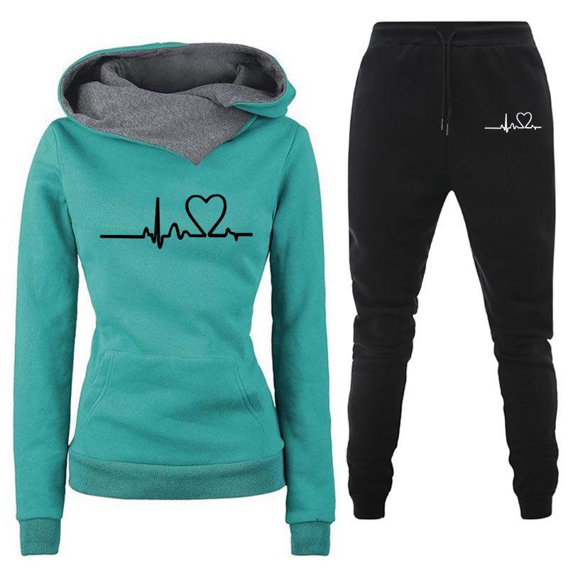 Women's Heartbeat Print Hoodie & Sweatshirt Sportswear Set - Spring/Autumn Casual Style