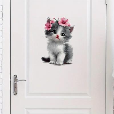 Cute Cartoon Kitten with Hair Bow Toilet Sticker Waterproof Removable Self-Adhesive Bathroom Home Decor Art