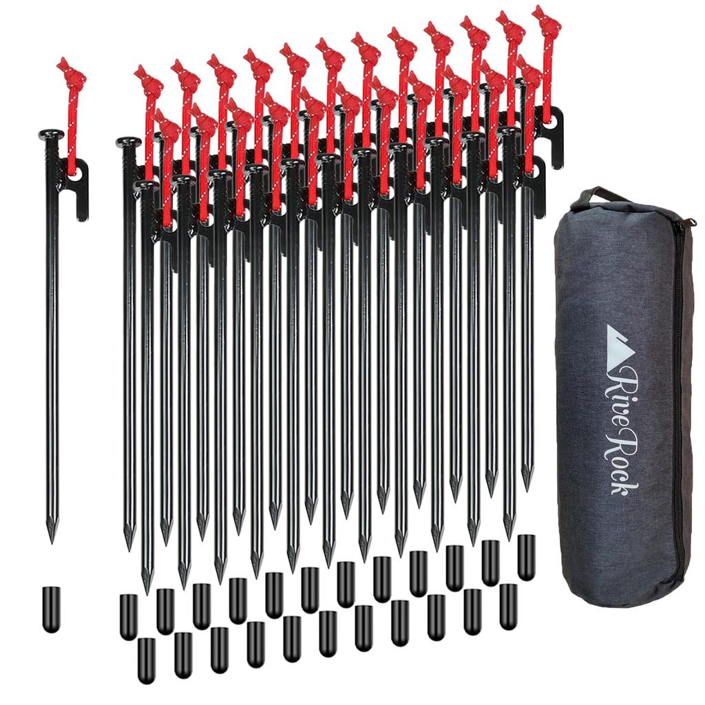 RiveRock 25cm Steel Pegs for Storage, Bags, Tents, Tarps, Reflective Rope, and Safety Caps (24 Pcs)