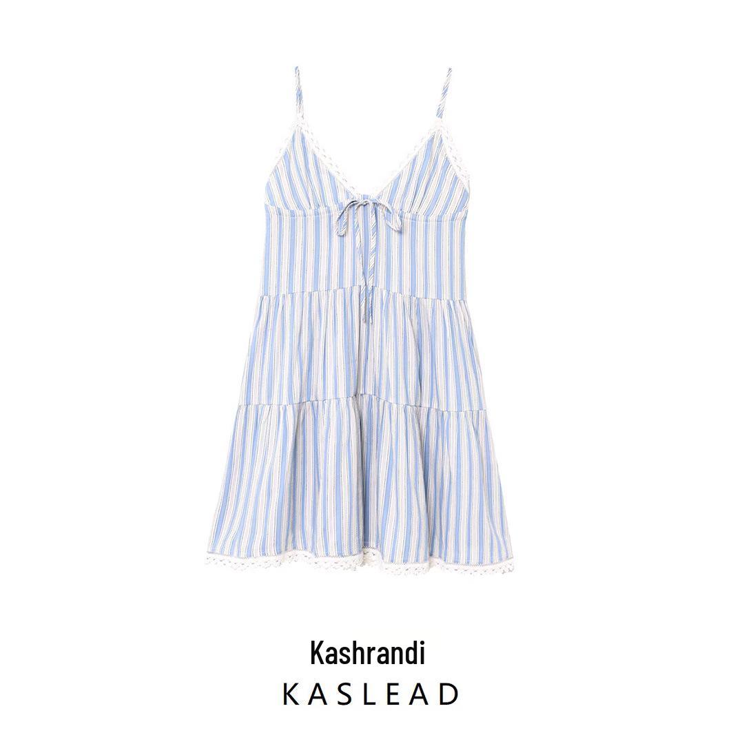 

2025 Spring Women s Fashion: European & American Style V-Neck Spaghetti Strap Dress with Lace and Striped Color Block M