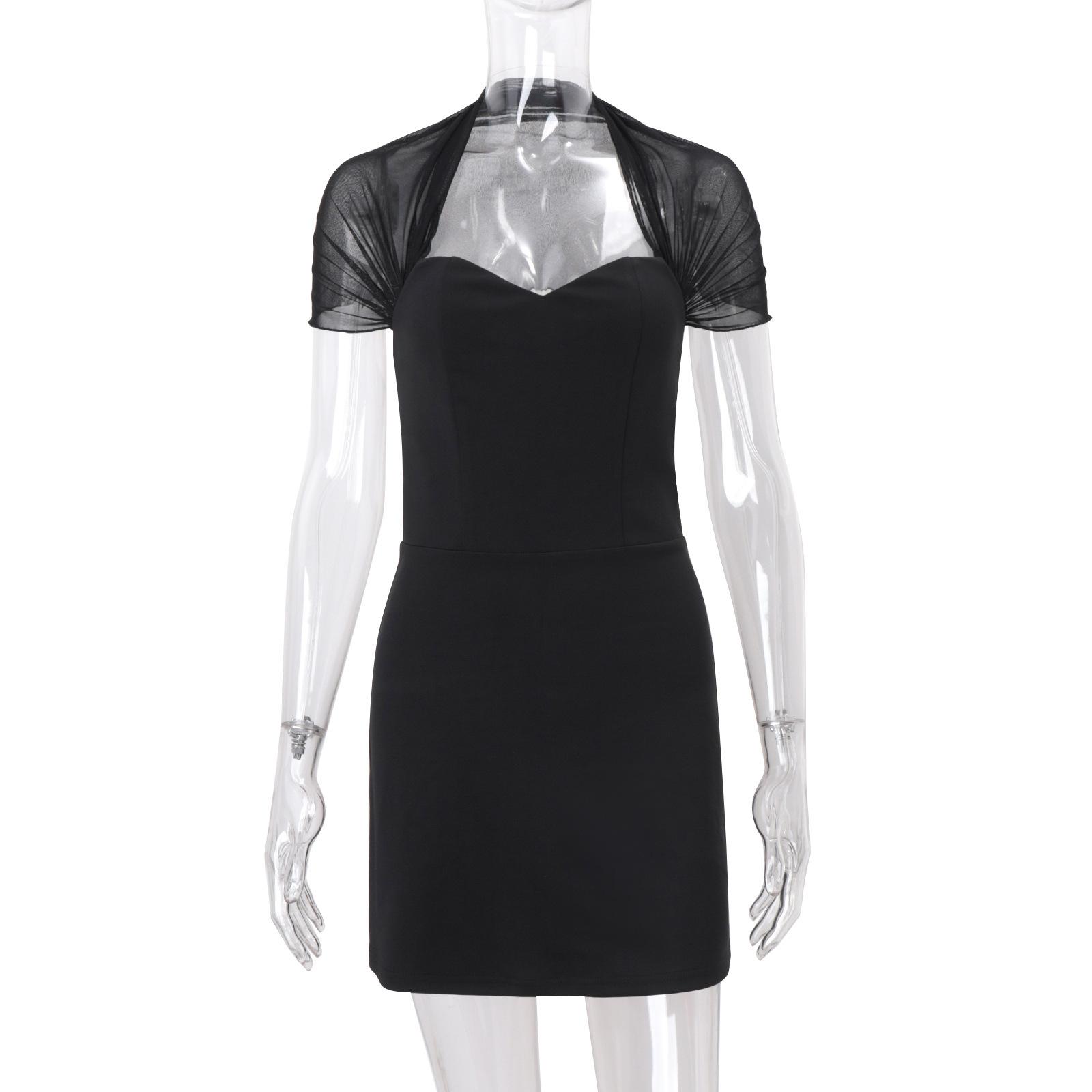 

European and American spring fashion slim fit temperament mesh splicing perspective low neck short sleeved hip hugging dress L чорний