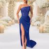 Women Evening Dress Shiny Sequin Slant Bandeau Collarless Backless Sleeveless Off Shoulder High Split Hem Slim Fit Floor Length Ball Gown Party