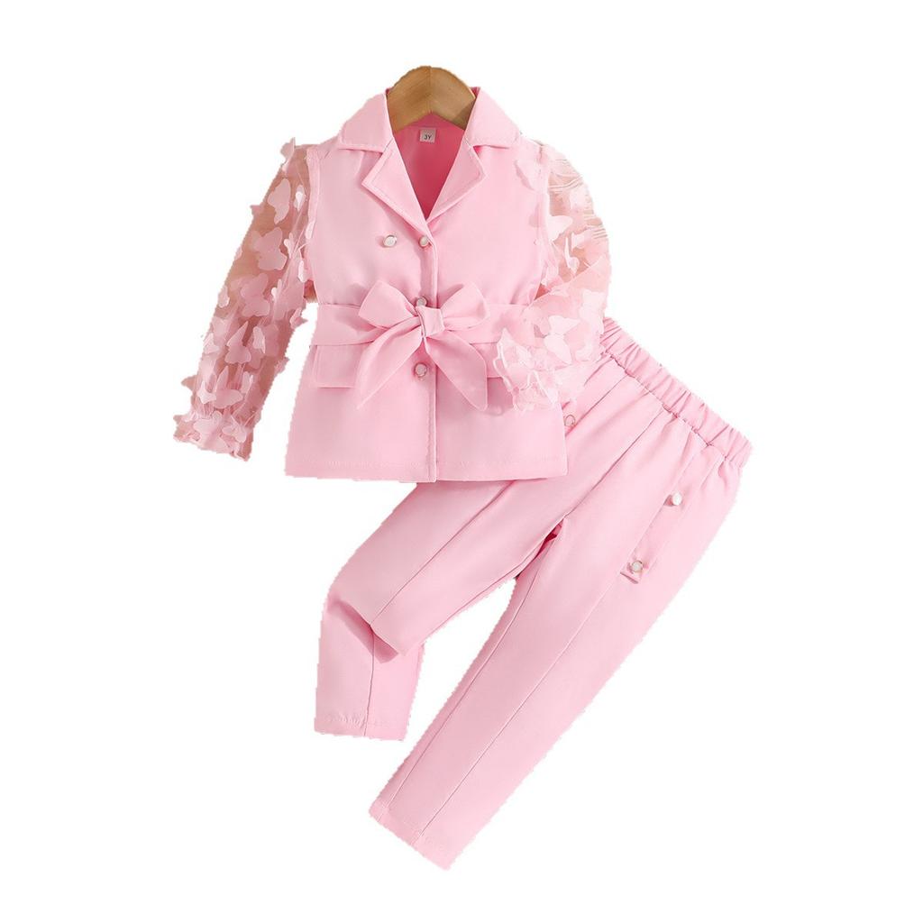 Autumn and Winter New Girls' Long Sleeve Bowknot Mesh Sleeve Blazer and Long Pants Two-Piece Set for Young and Little Girls