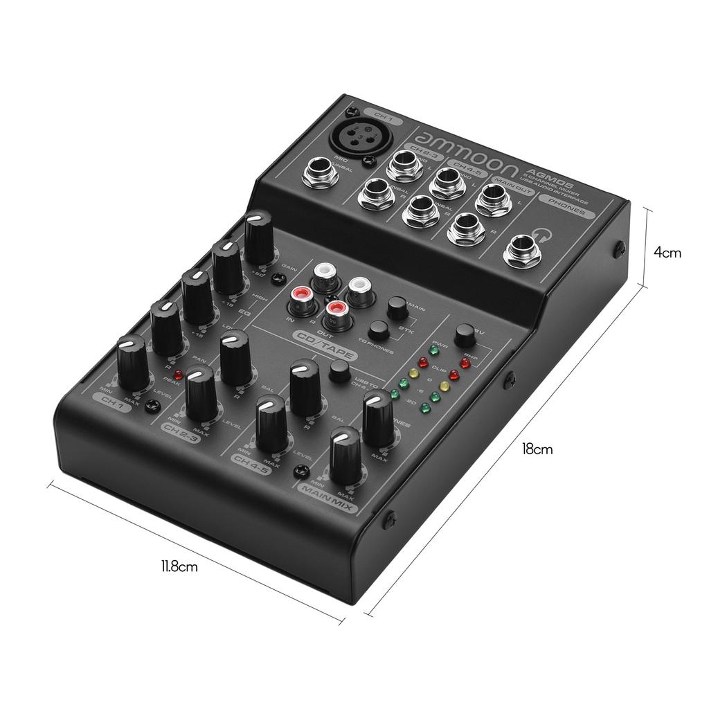 Ammoom AGM05 5-Channel Mini Mixer Mixing Console USB Audio Interface Plug-and-Play +48V Phantom