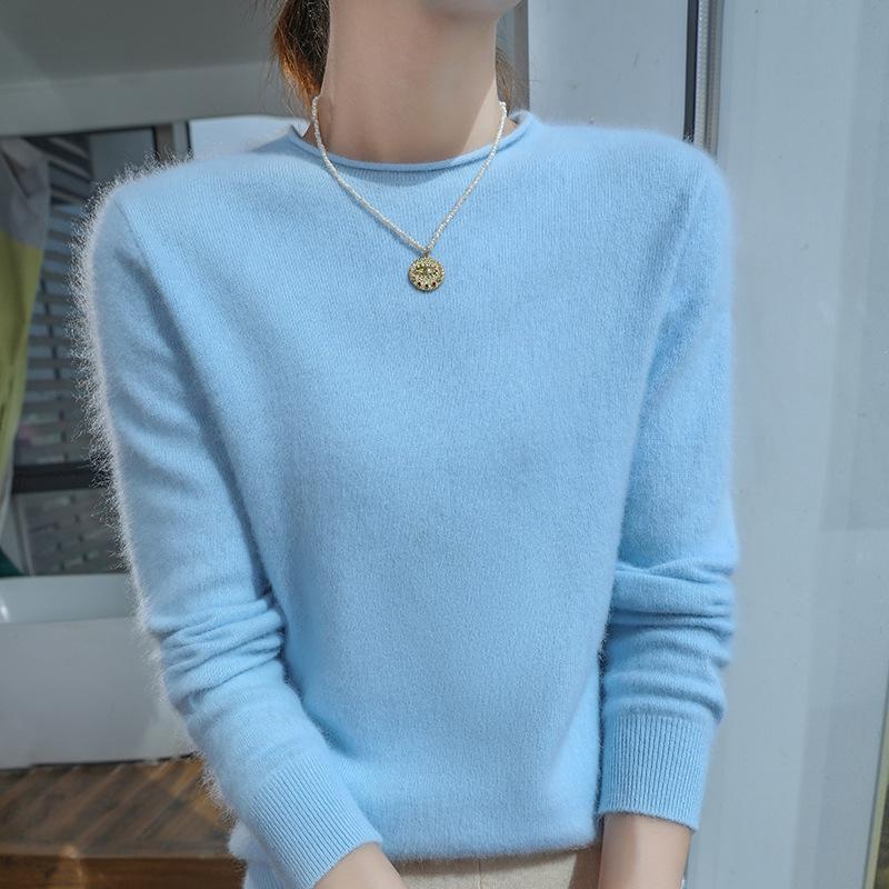 2025 Women's Mink Cashmere Sweater: Semi-High Neck, Rolled Edge Knitted Pullover for Spring & Autumn