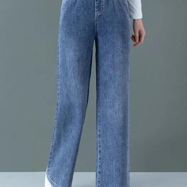 Blue High Waisted Elastic Jeans Women's Clothing Spring Autumn Loose Straight Leg Pants Casual Denim Wide Leg Pants