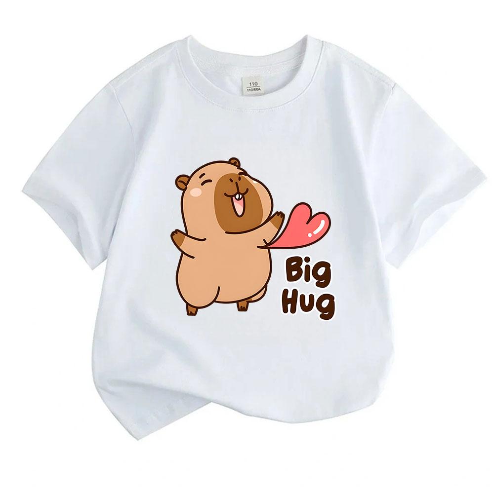 Kids Boys Girls Crew Neck Short Sleeve 100% Cotton T-Shirt, Cute Cartoon Capybara Big Hug Pattern Casual Soft Comfortable Tee for Daily Wear Holiday G